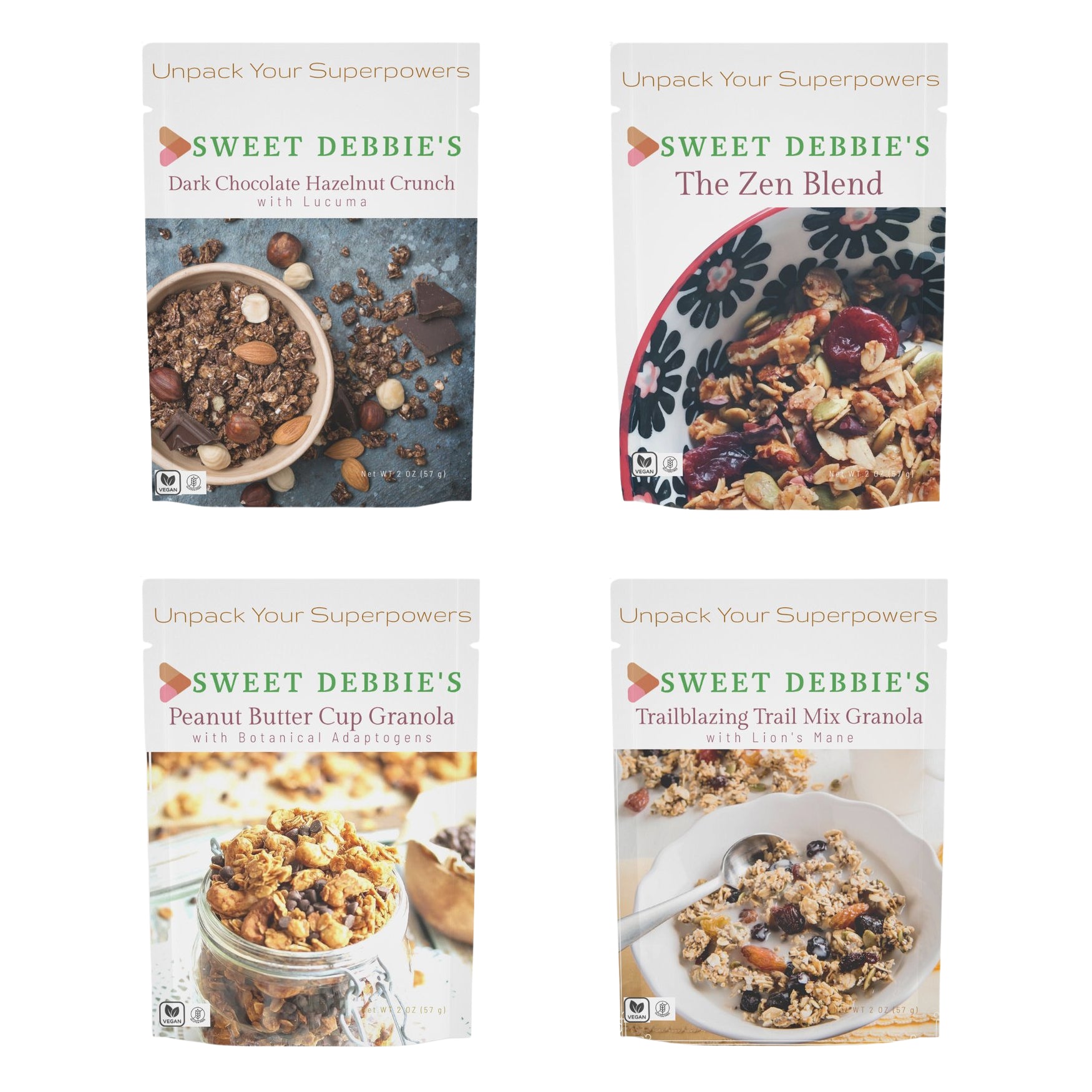 a collection of four sugar-free, gluten-free, vegan granola flavors that contain adaptogens and superfoods.