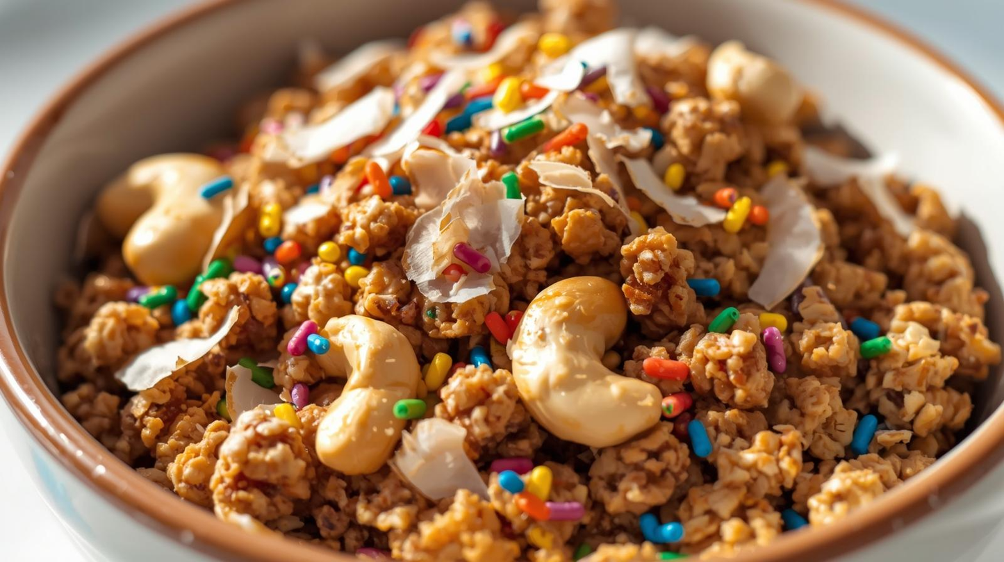 a bowl of sweet debbie's sugar-free, oil-free, gluten-free and organic confetti birthday cake granola with sprouted nuts, seeds and superfoods