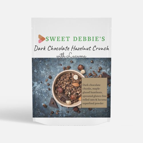 package of sweet debbie's sugar-free, gluten-free, organic dark chocolate hazelnut crunch with sprouted nuts and superfoods