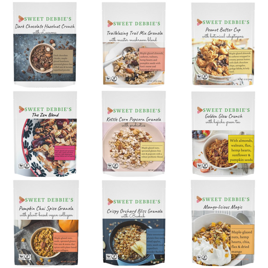 a collection of nine granola flavors that are sugar-free, gluten-free, vegan and oil-free that contain superfoods and adaptogens for focus and energy