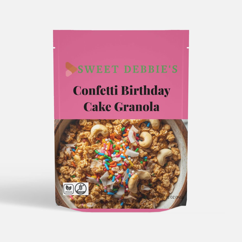 package of sweet debbie's sugar-free, gluten-free, organic confetti birthday cake granola with sprouted cashews and coconut