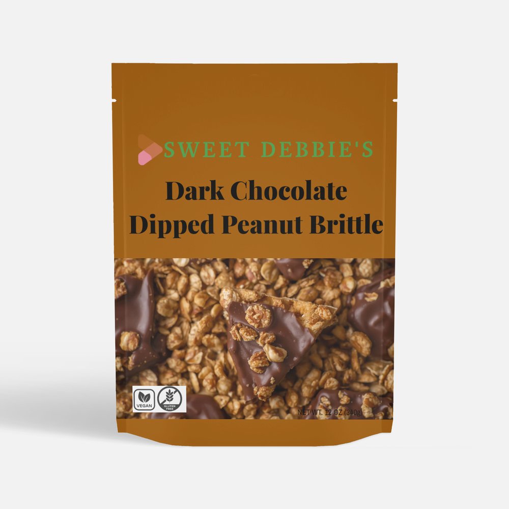 package of sugar-free, gluten-free organic peanut brittle granola dipped in date-sweetened chocolate with sprouted almonds