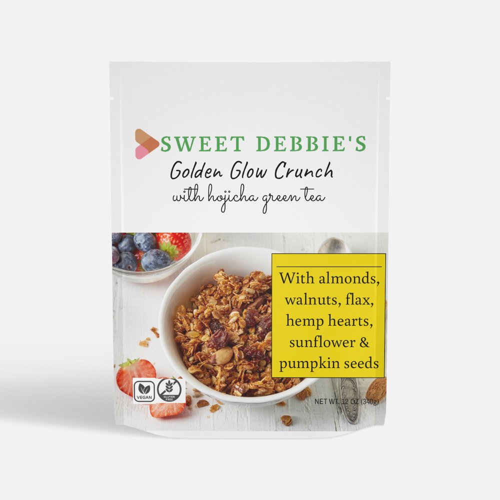 sweet debbie's sugar-free, gluten-free and organic hojicha green tea granola with golden berries, sprouted walnuts, sprouted pumpkin seeds and hemp hearts