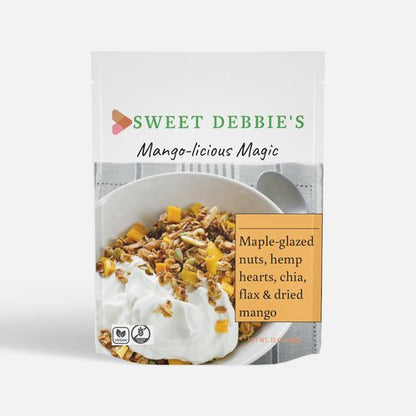 package of sweet debbie's sugar-free, gluten-free, organic mangolicious granola with dried mango and sprouted nuts and seeds