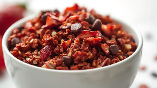 Sugar-free, gluten-free Red Velvet granola with hibiscus, beet and strawberry powders, sprouted almonds, freeze-dried strawberries and date-sweetened chocolate chips