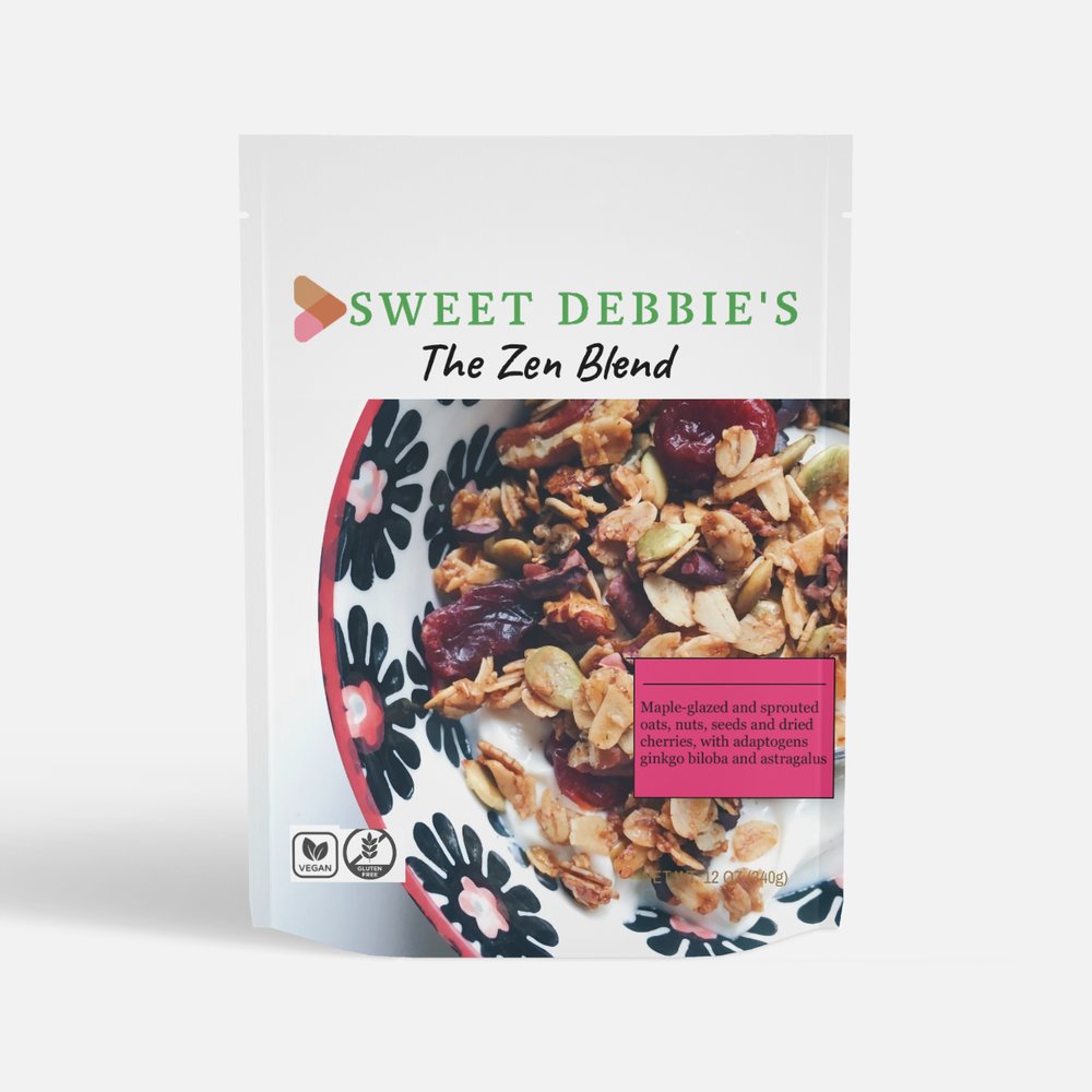 package of sweet debbie's sugar-free, gluten-free and organic zen blend granola with dried cherries and sprouted nuts and seeds with adaptogens for focus and calm