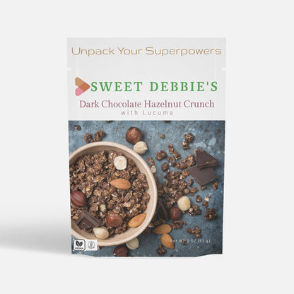 sugar-free, gluten-free, oil-free, organic granola with dark chocolate sweetened with dates and added superfoods for energy