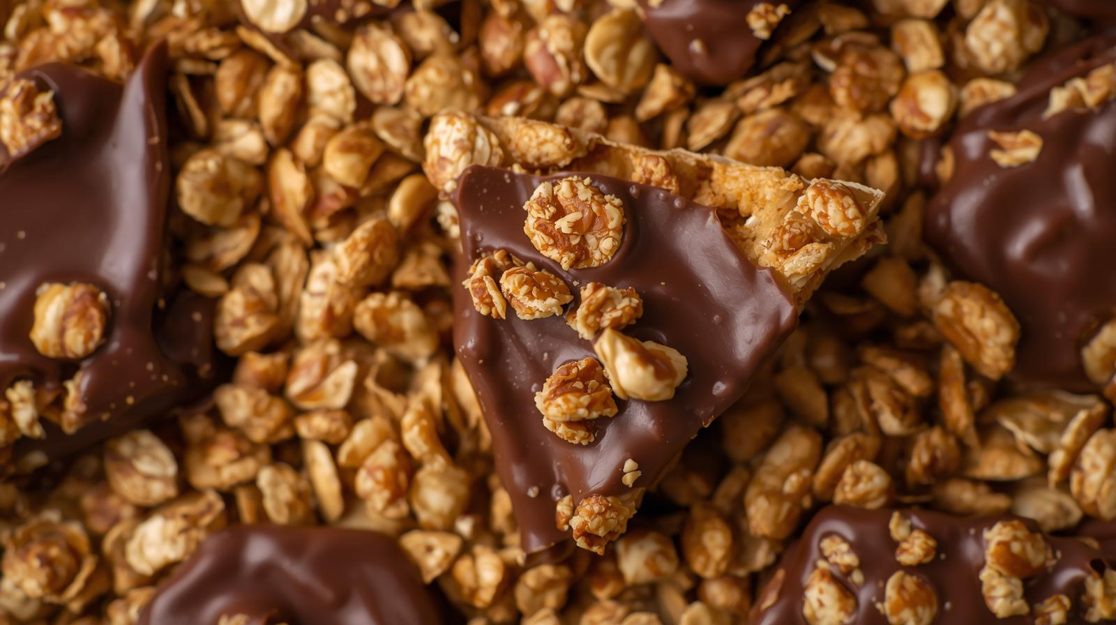 sugar-free, gluten-free, organic peanut brittle granola dipped in date-sweetened dark chocolate with sprouted organic almonds